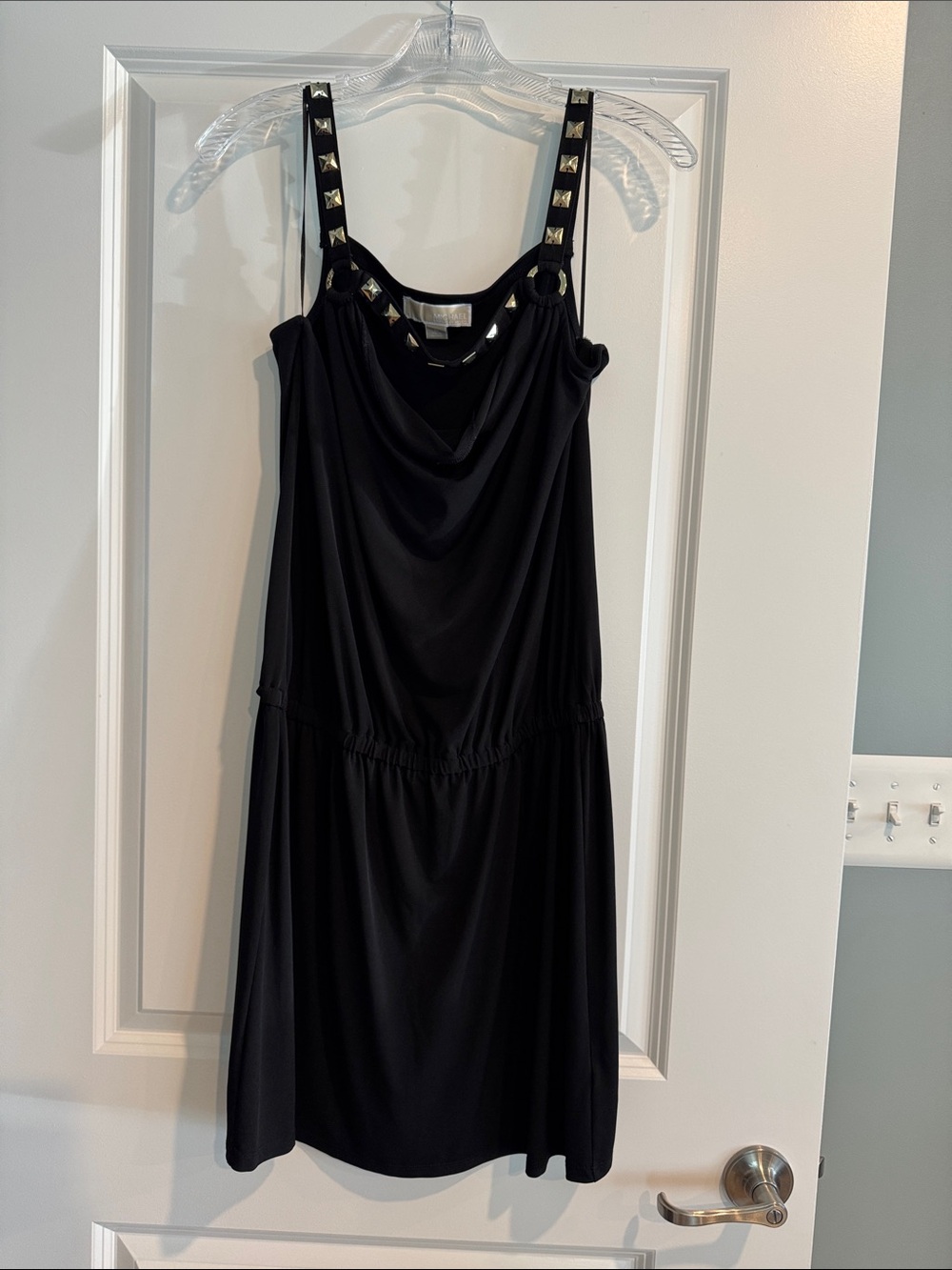 MICHAEL Michael Kors Black Cowl-Neck Mini Dress with Studded Straps
